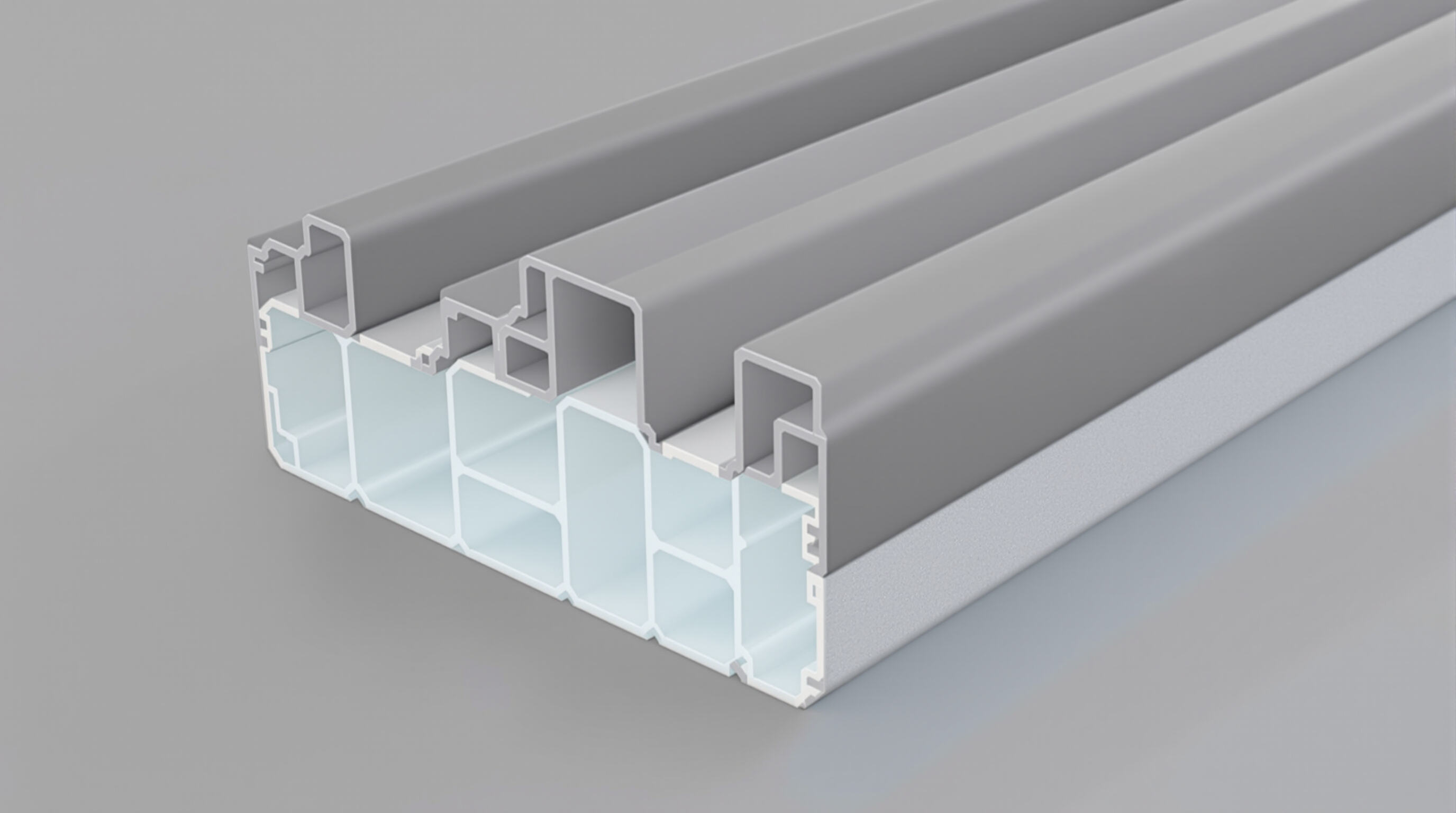 Realistic close-up of twinwall PVC sheet’s staggered internal supports and air pockets to illustrate thermal design.