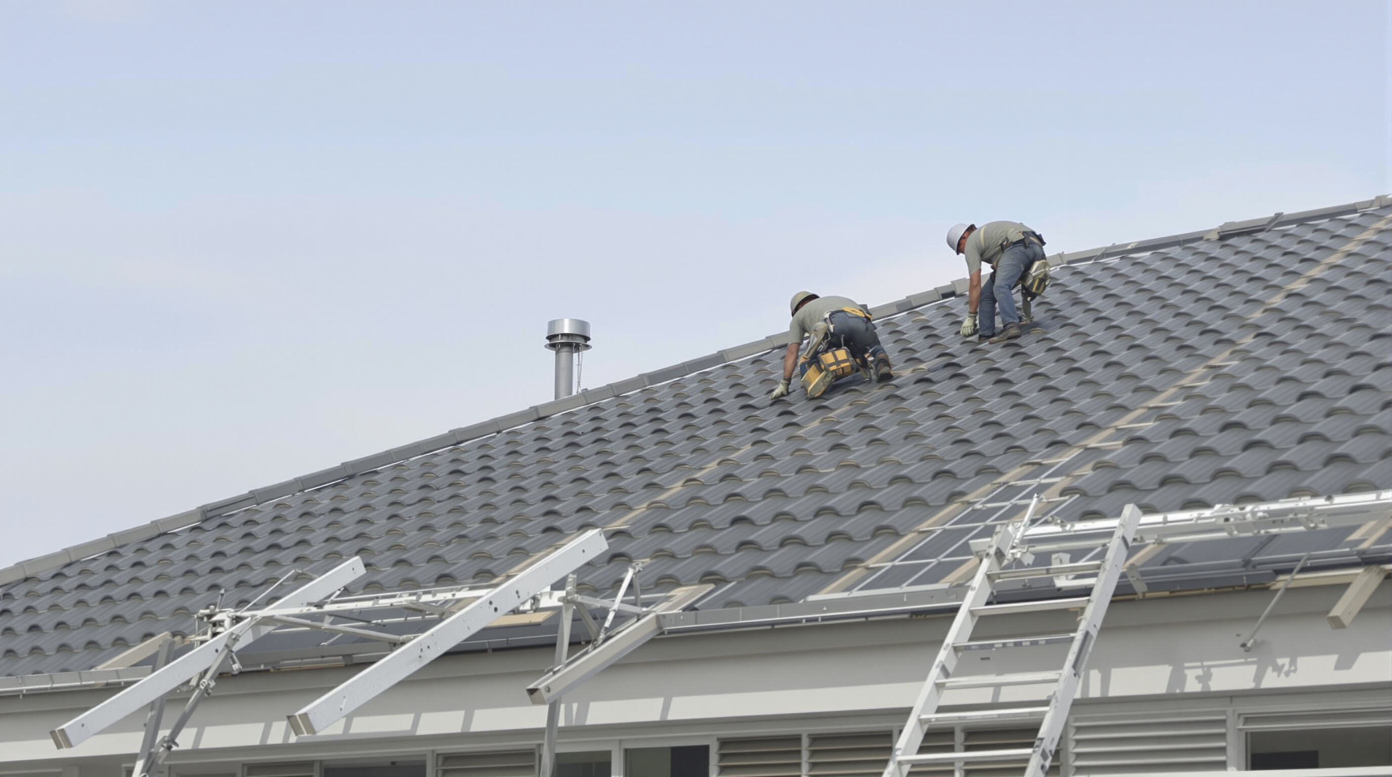 Installation of lightweight ASA roof tiles by workers highlighting ease and structural efficiency
