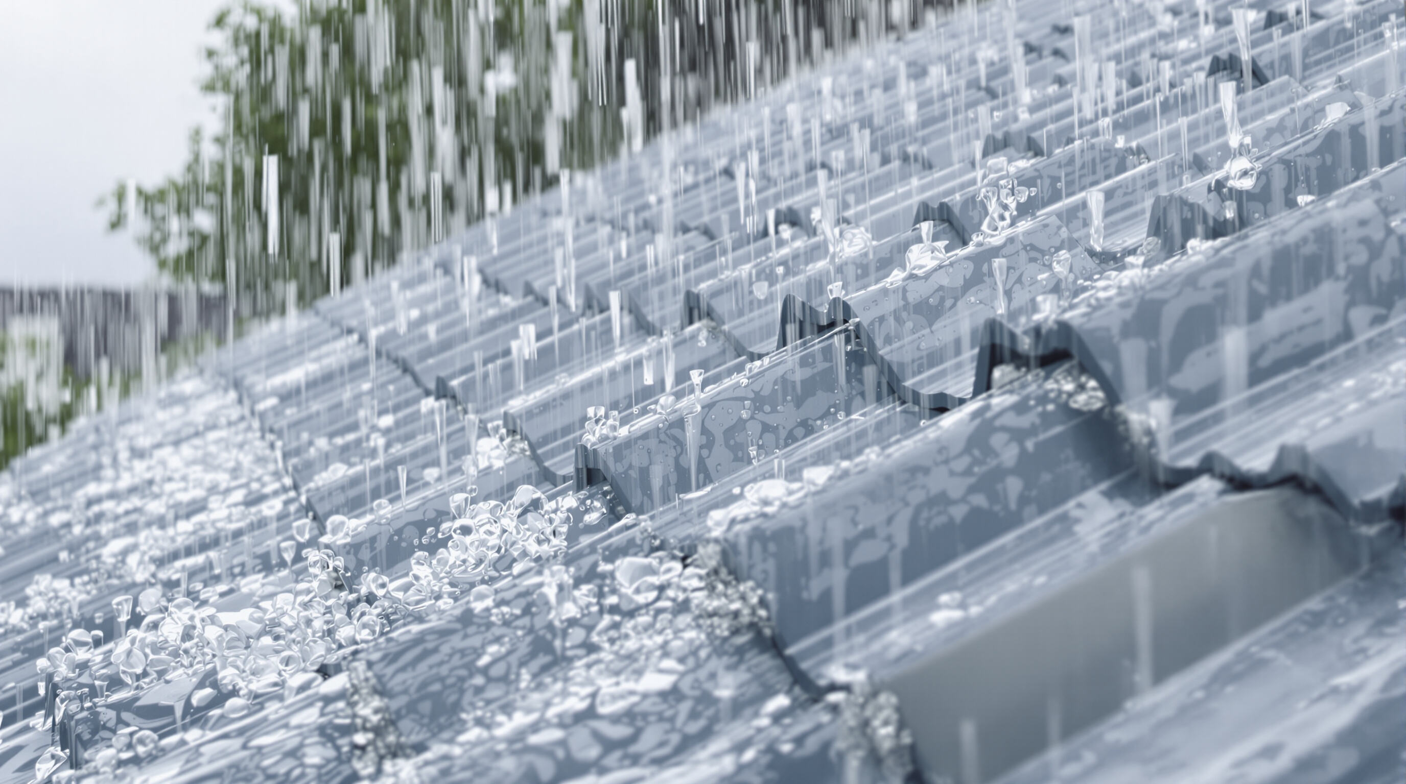 Close-up of twinwall PVC roofing panels handling heavy rainfall without leakage or deformation