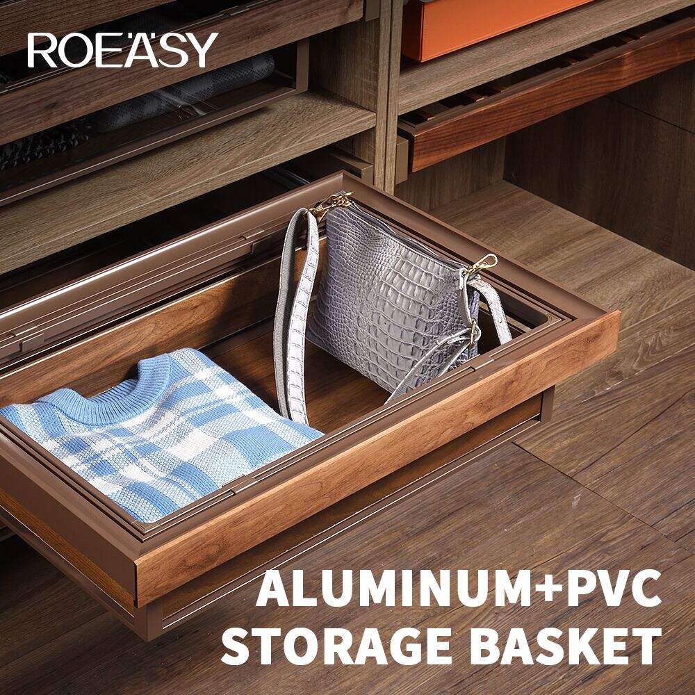 ROEASY R7006D-R7007D Fashion Leather Soft Closing Slide Out Basket Storage Metal Clothes Storage Basket Wardrobe Organizer
