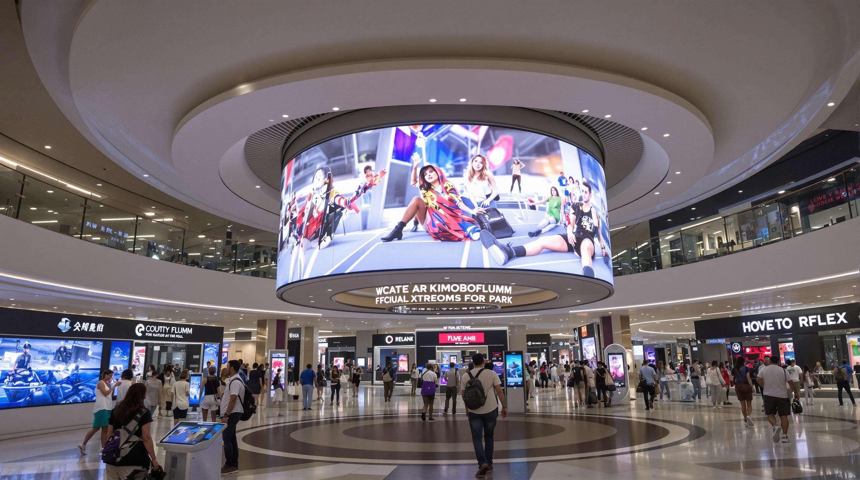 Shoppers interact with AR and large jumbotron screens in a modern mall