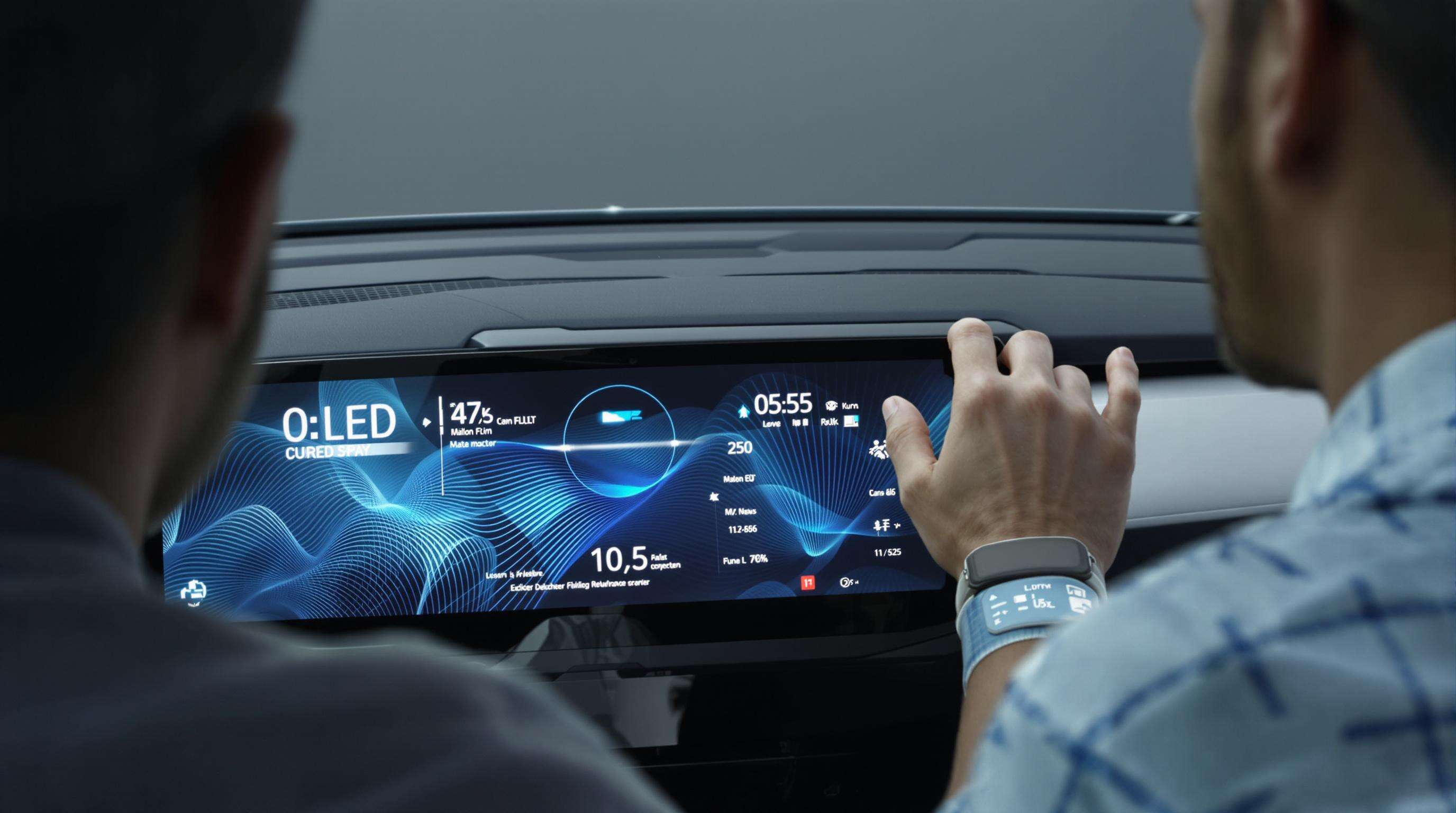 Curved in-car OLED dashboard and person with skin-adherent health monitor display