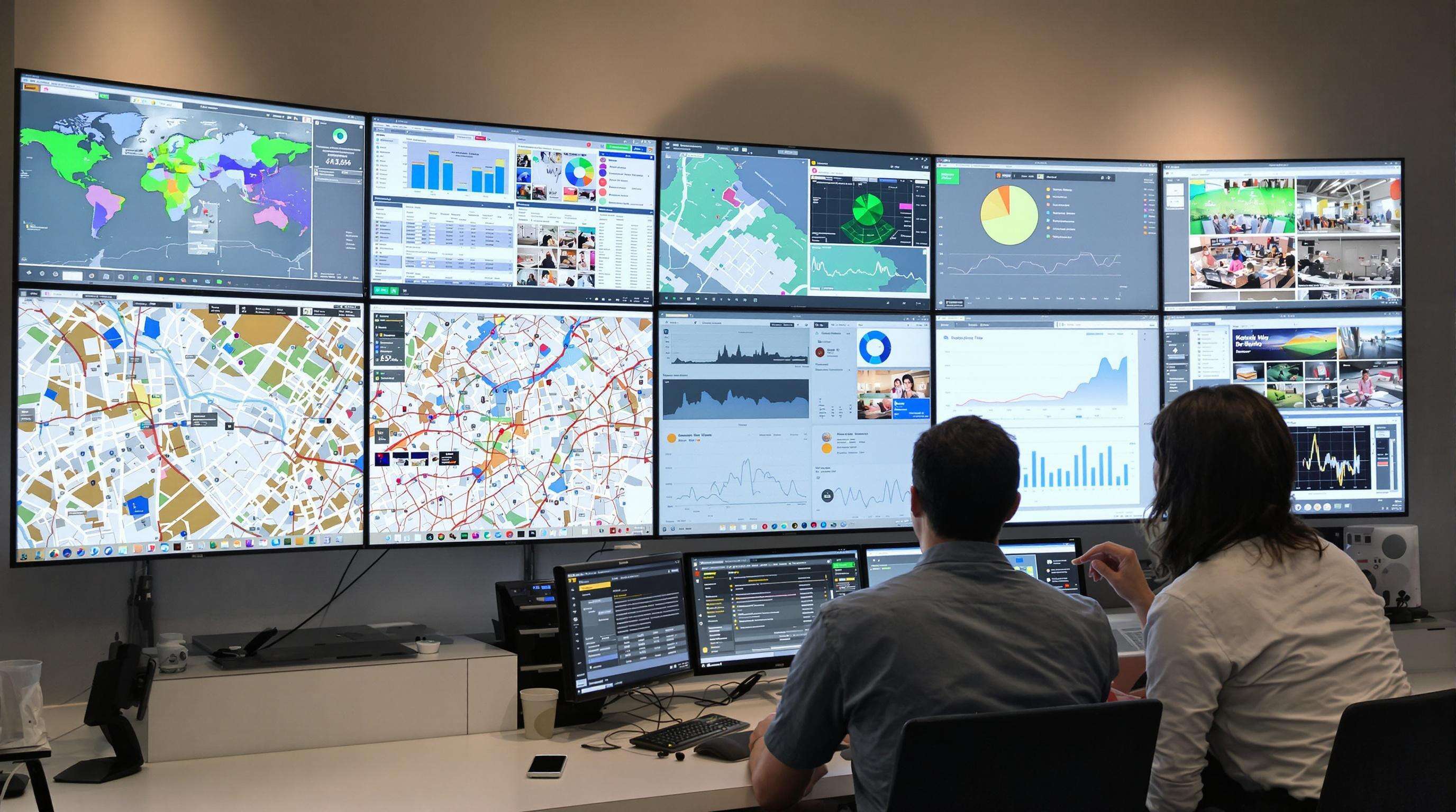 Analysts monitor real-time engagement data for digital displays in a control room