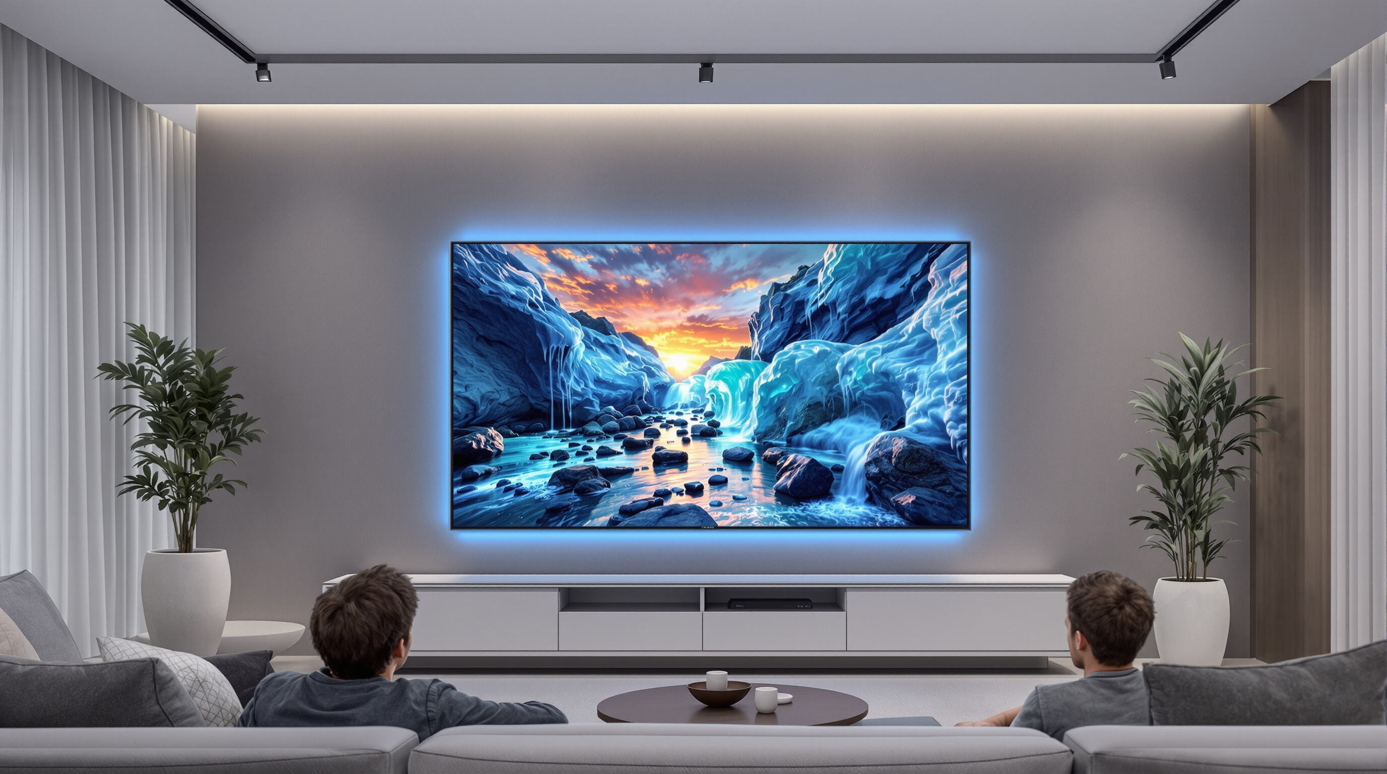Modern home featuring a large 3D 8K OLED TV with realistic images extending from the screen, viewed by people in a sophisticated living room setting