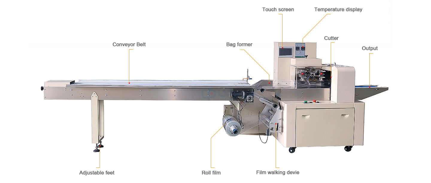 Film down side pillow packaging machine for fruit bar seaweed rice flour Upper flow pack machine manufacture