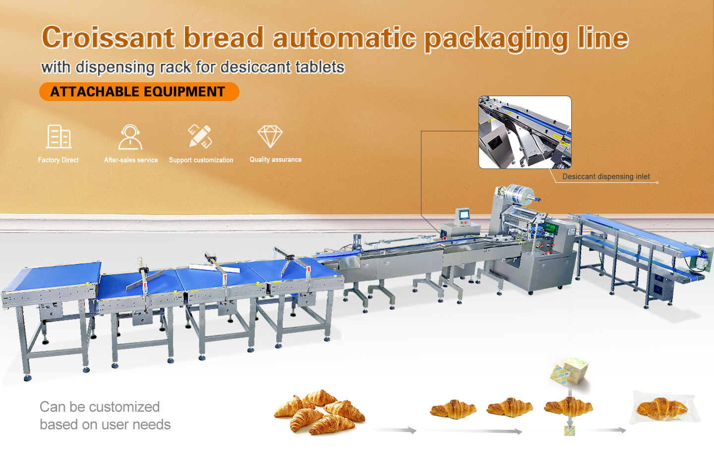 Croissant bread automatic packaging line with dispensing rack for desiccant tablets supplier