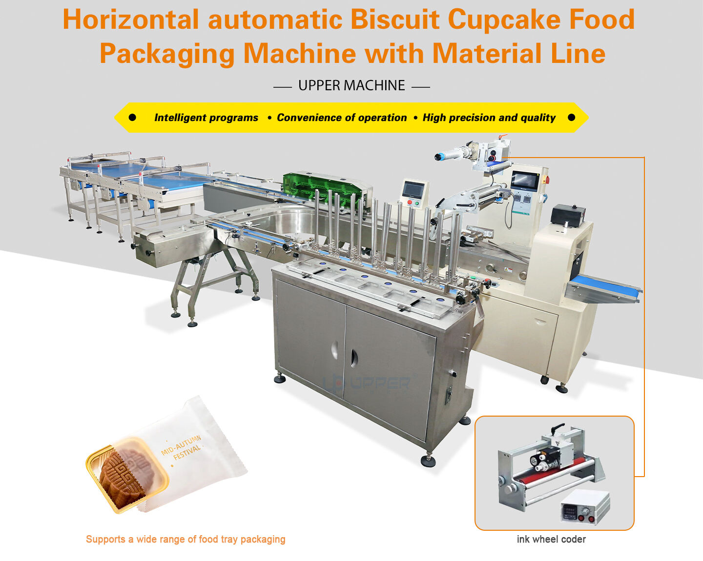 Mooncake automatic plastic tray feeding and packaging line for food durian cake pie Upper packing machine supplier