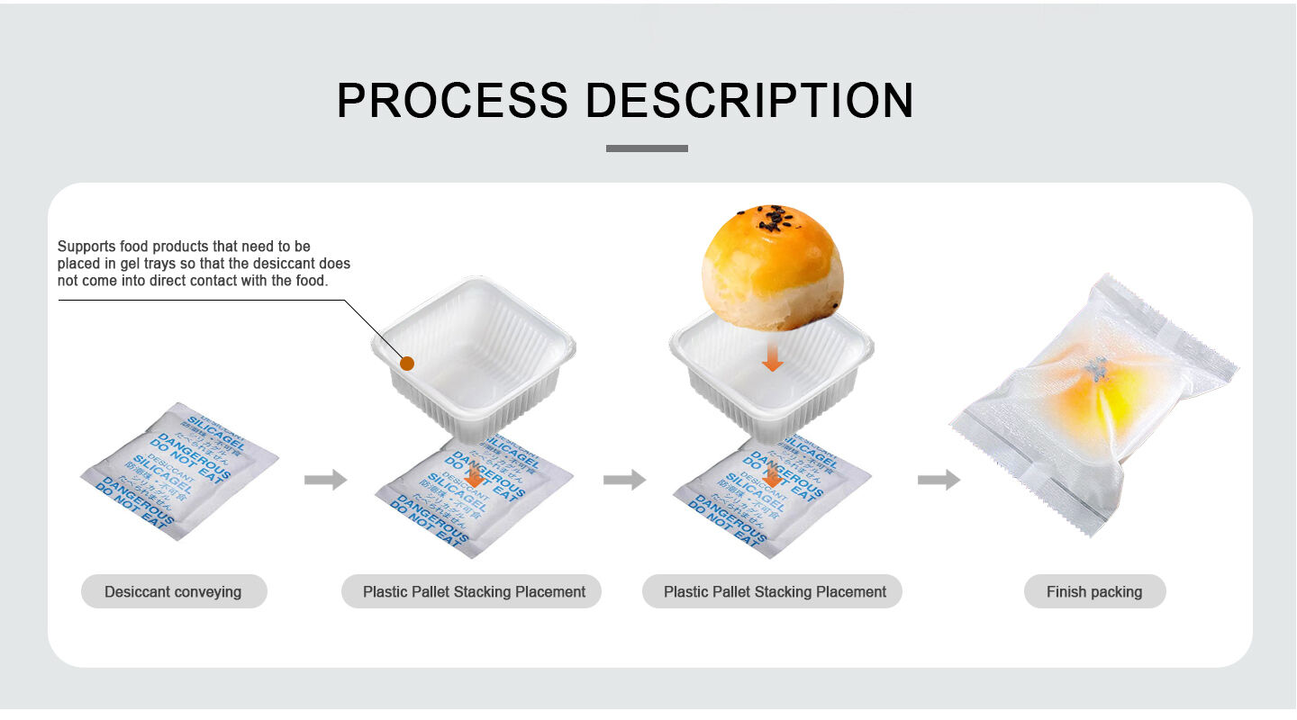 Small mooncake pie pillow packaging machine with desiccant pouch dispenser manufacture