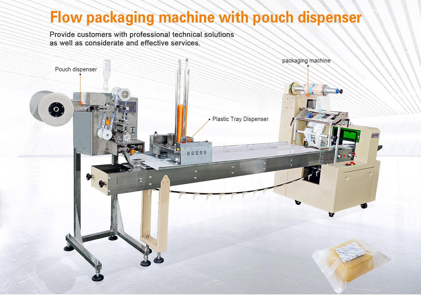 Small mooncake pie pillow packaging machine with desiccant pouch dispenser details