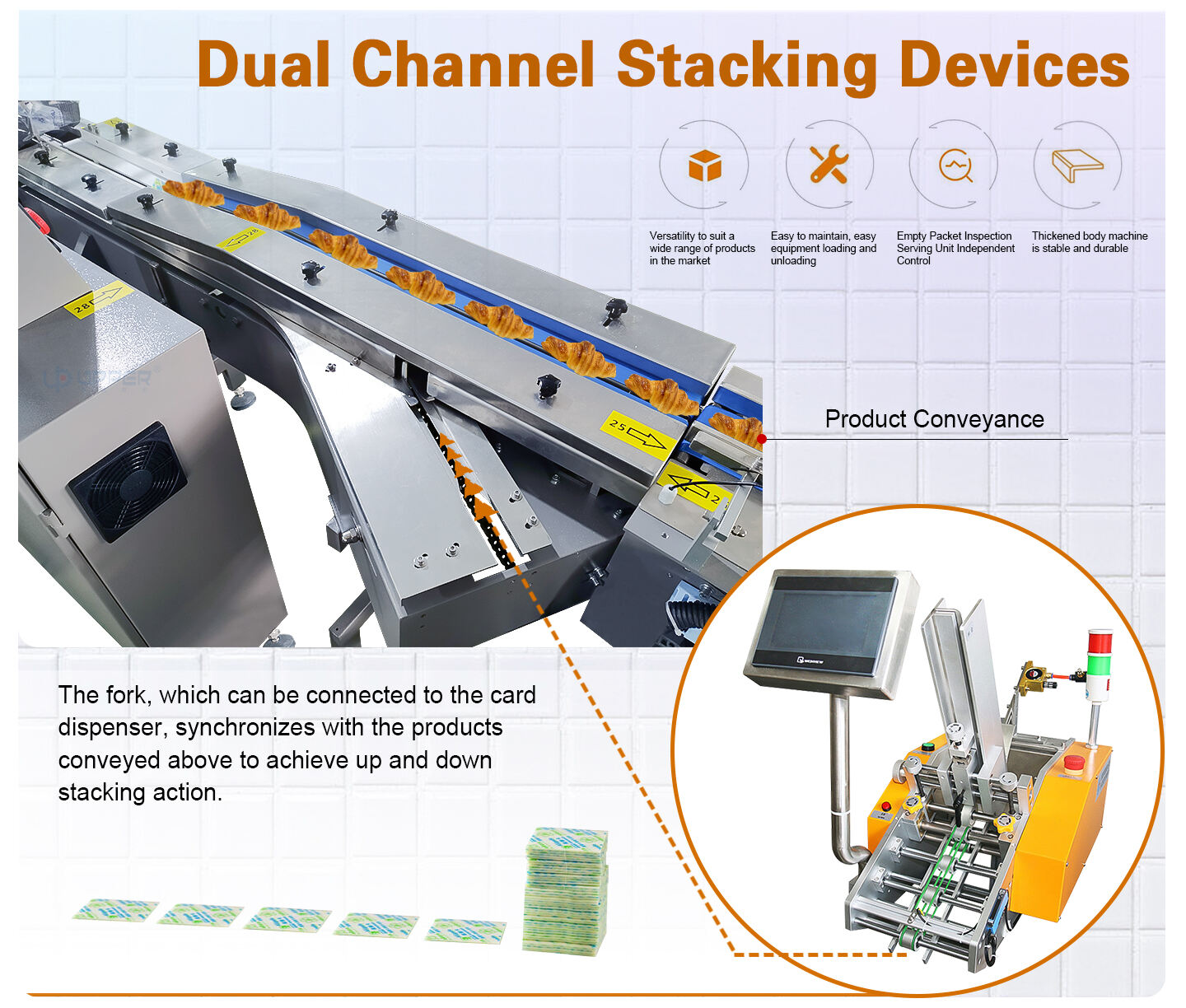 Croissant bread automatic packaging line with dispensing rack for desiccant tablets details