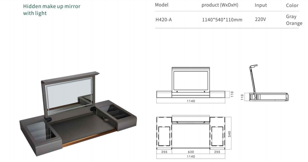 Concealed Hinge Hidden Make up Mirror with Light  details