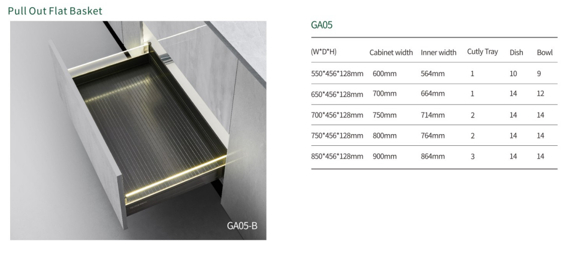 Kitchen Base Unit Glass and Aluminium Pull out Basket details