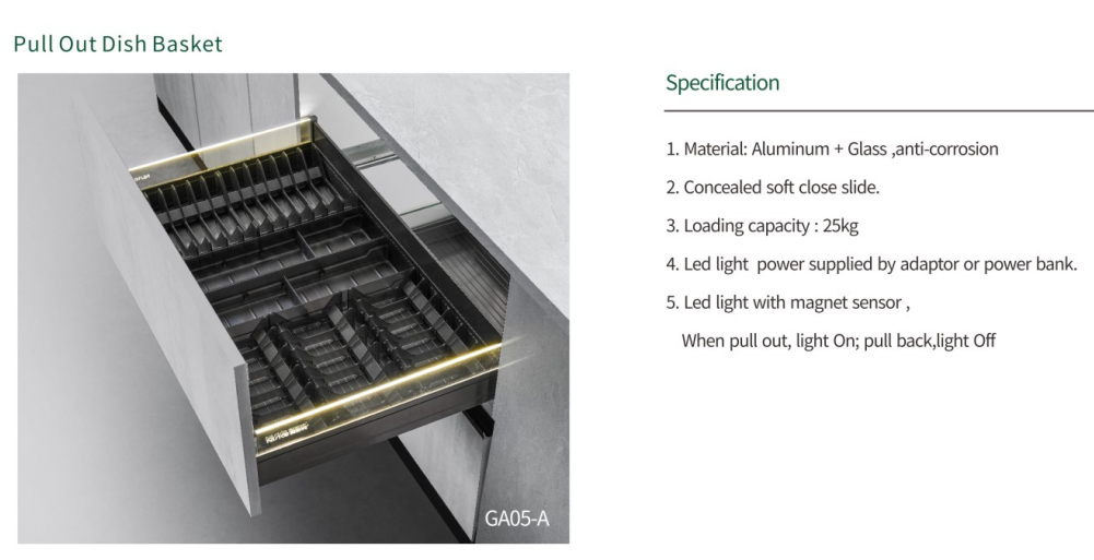 Kitchen Base Unit Glass and Aluminium Pull out Basket details