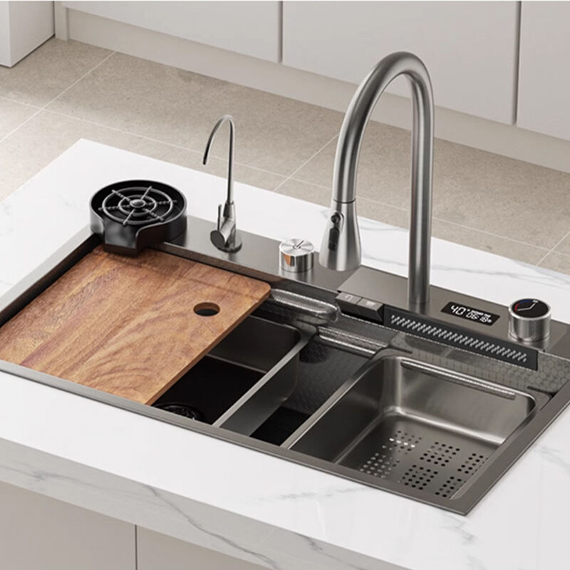 Stainless Steel Kitchen Sink With Digital Display Integrated Waterfall And Pull-Down Faucet Set