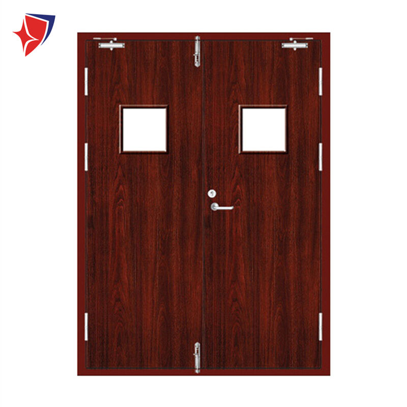 Double Steel Red Walnut Wooden Fire Door