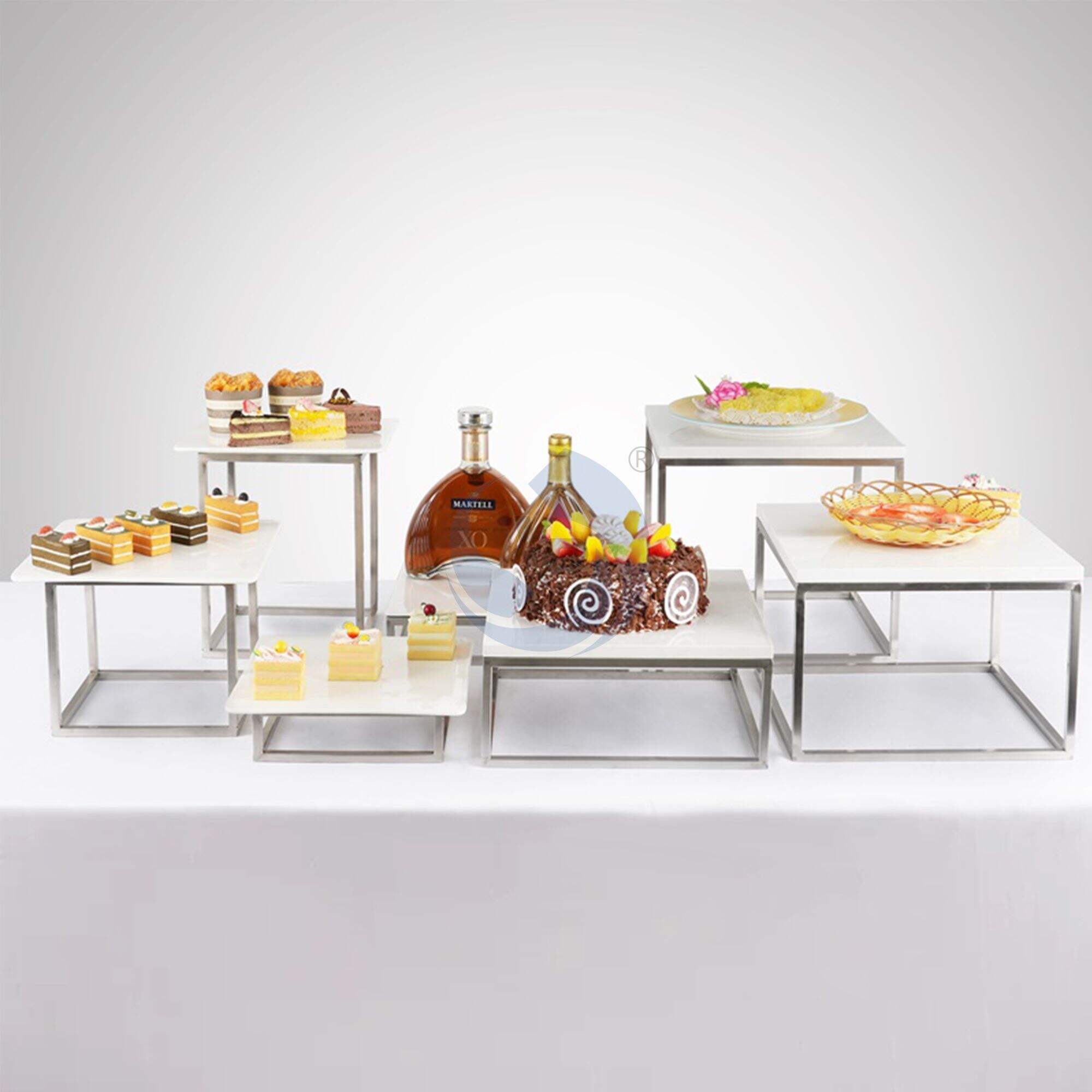 XINGPAI Catering Decorations Buffet Catering Stand Stainless Steel Food Display Risers With Ceramic Plates