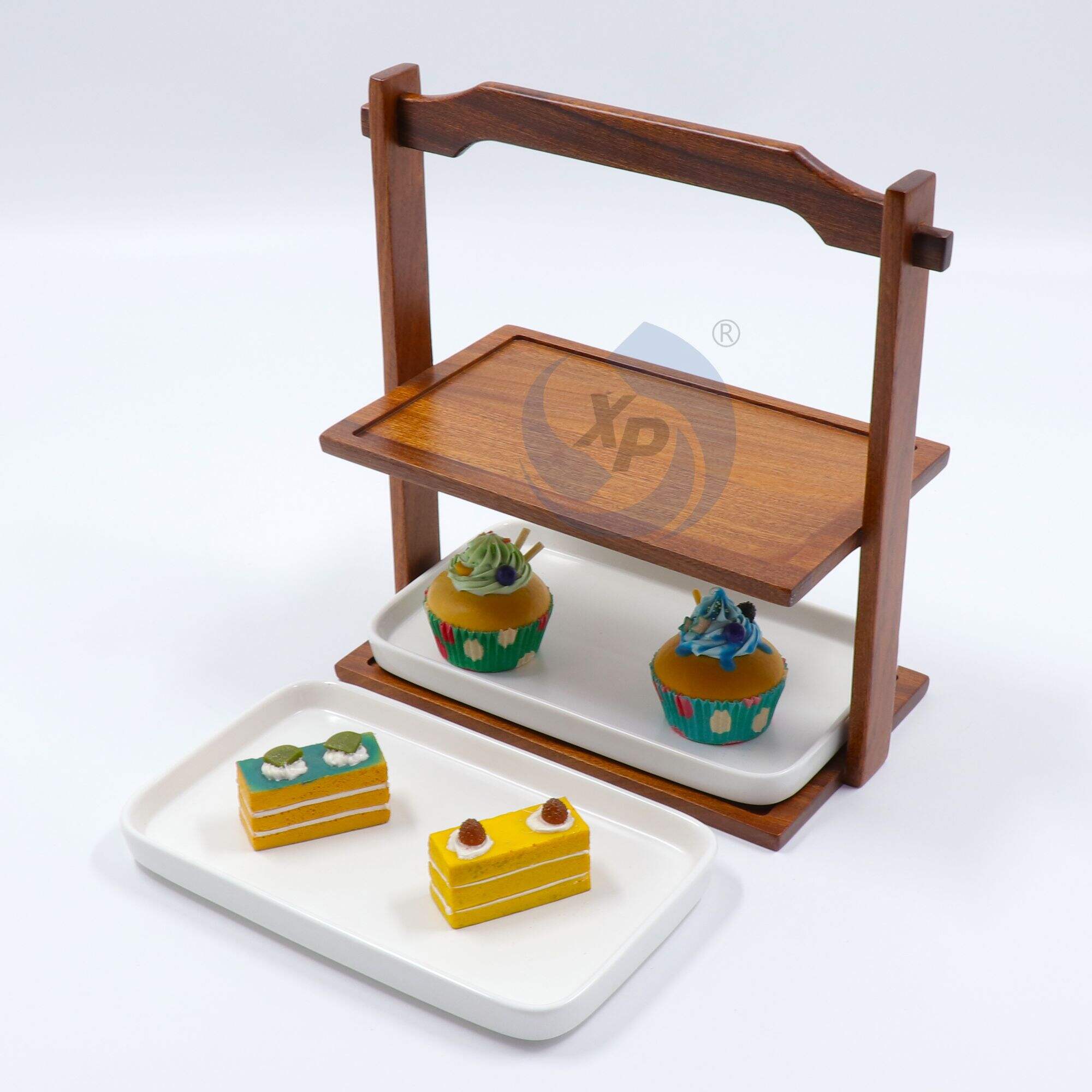 XINGPAI Hotel Supplies Dessert Stand Wood Buffet Food Display Stand With Ceramic Plates