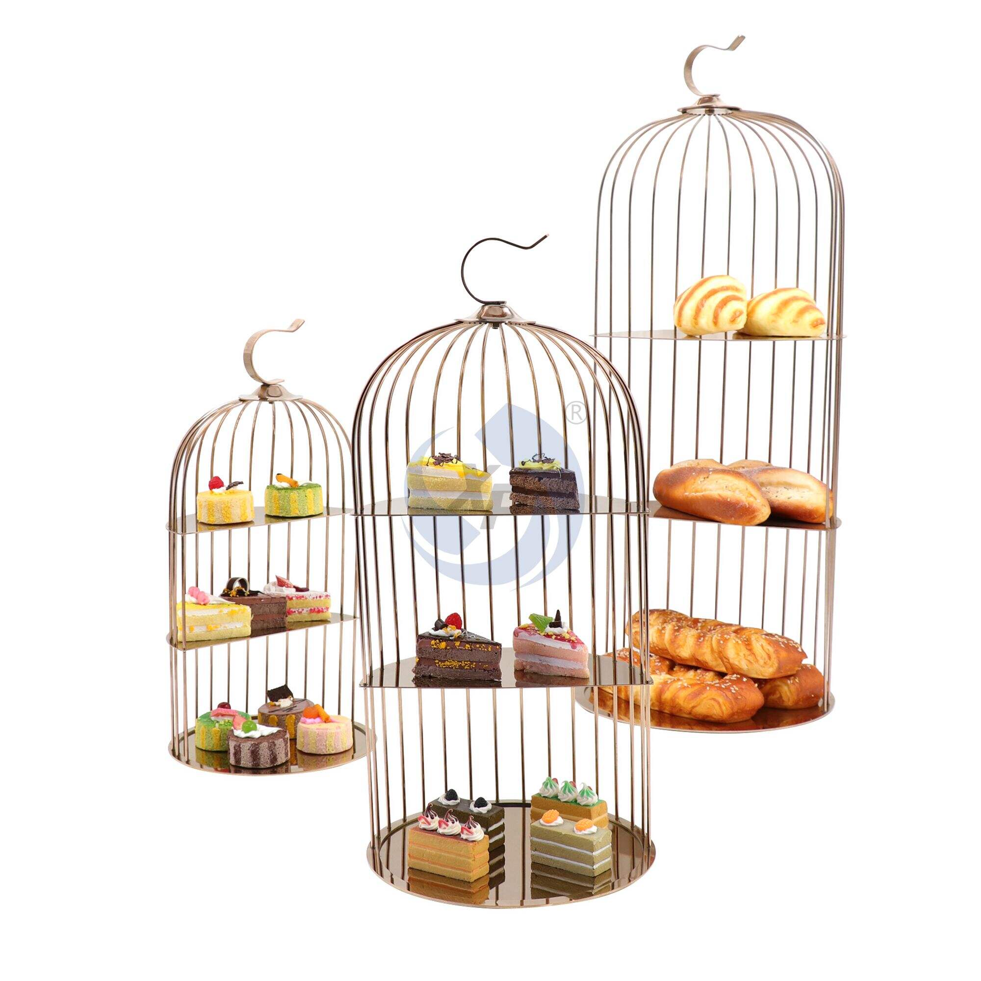 XINGPAI Catering Equipment Luxury Royal Stainless Steel 3 Tier Cake Stand Rose Gold Bird Cage Cake Display Stands