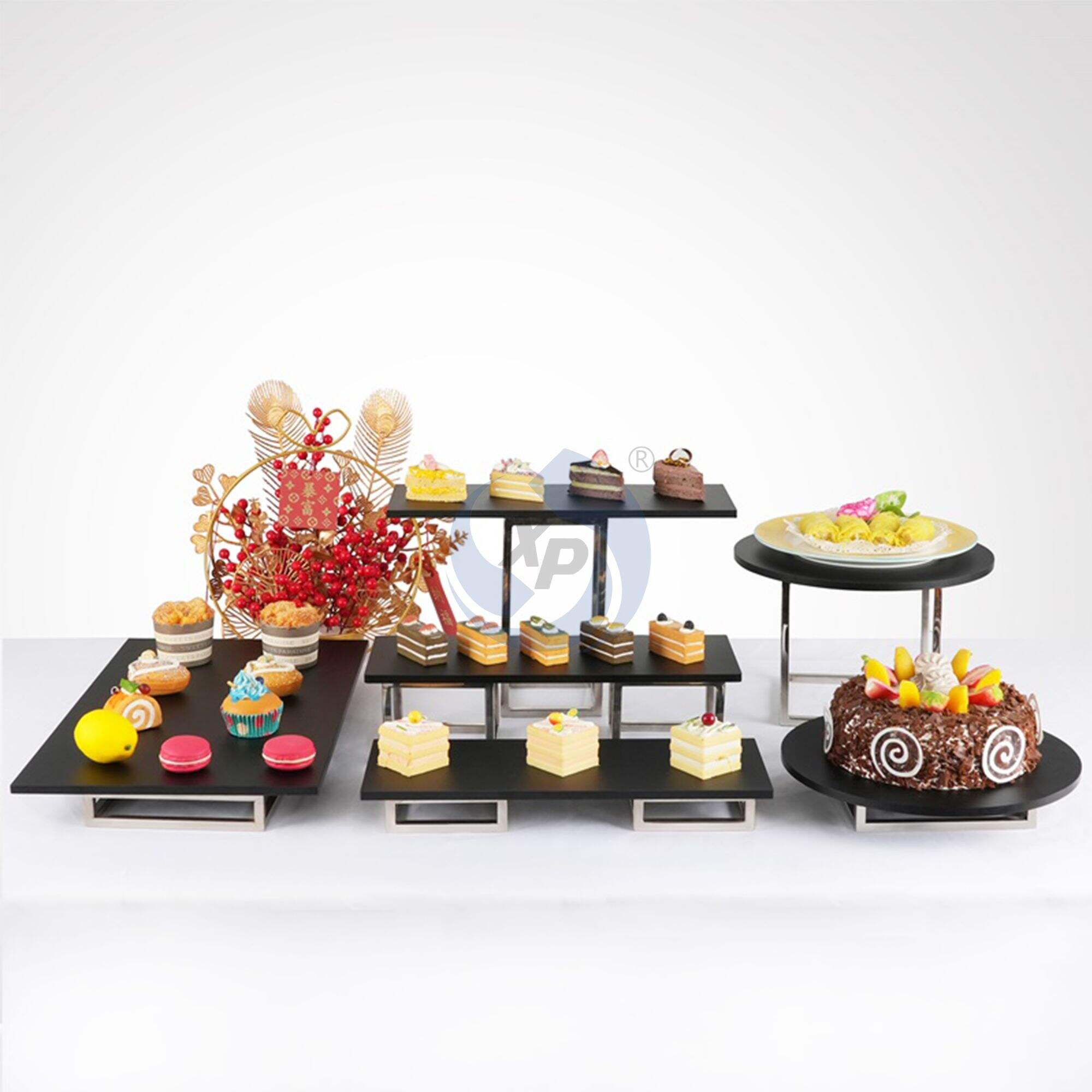 XINGPAI Catering Decorations Buffet Multi Tiers Stainless Steel Buffet Food Display Stand With Acrylic Plates