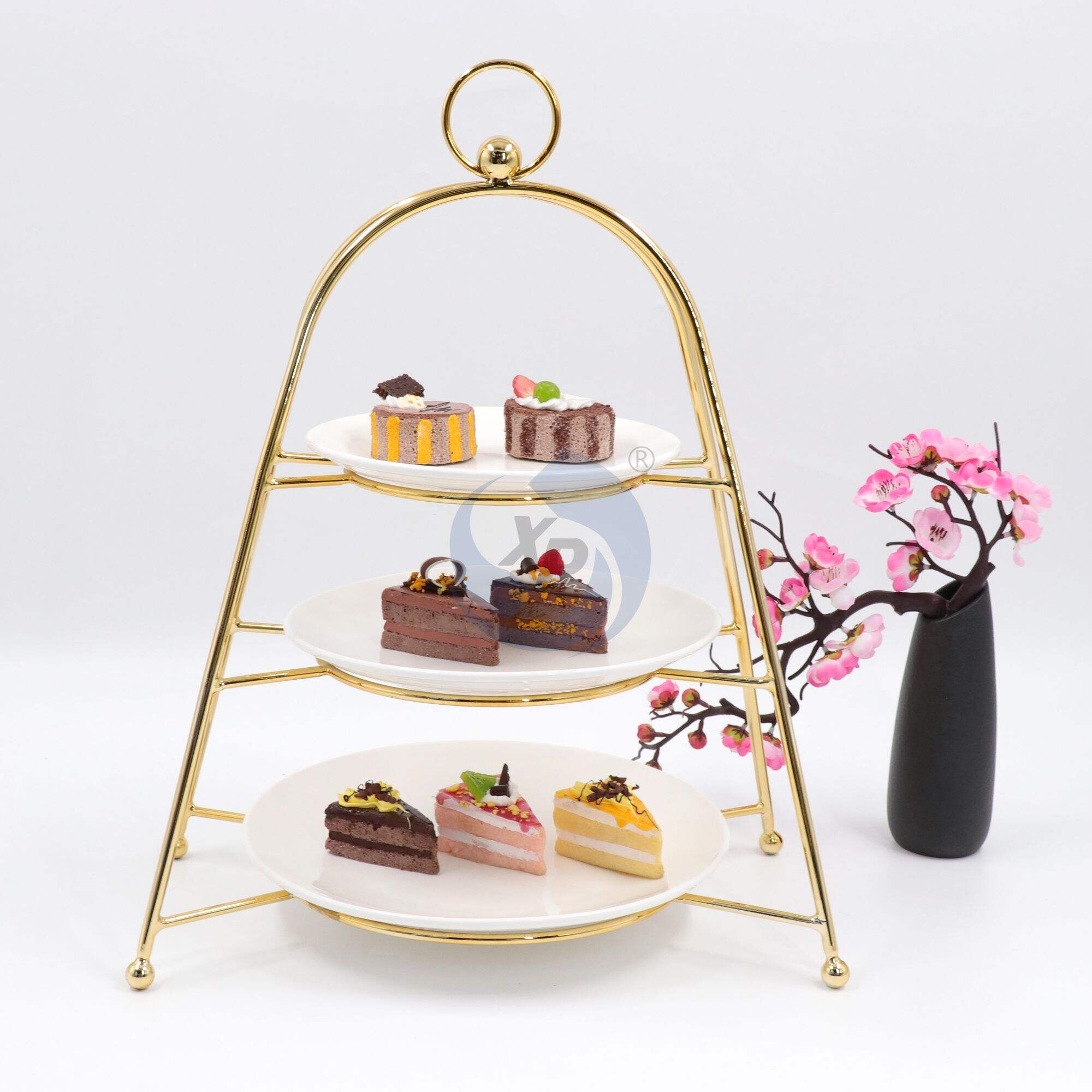 XINGPAI Factory Direct Sale Three Layer Cake Display Rack Golden Dessert Stand Ceramic Plates