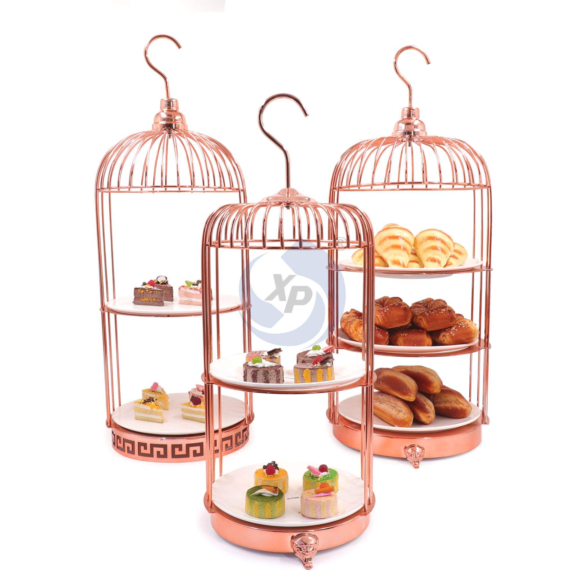 XINGPAI Cafeteria Luxury Rose Gold Dessert Stand 2/3 Tier Afternoon Tea Display Rack Stainless Steel Birdcage Cake Stand