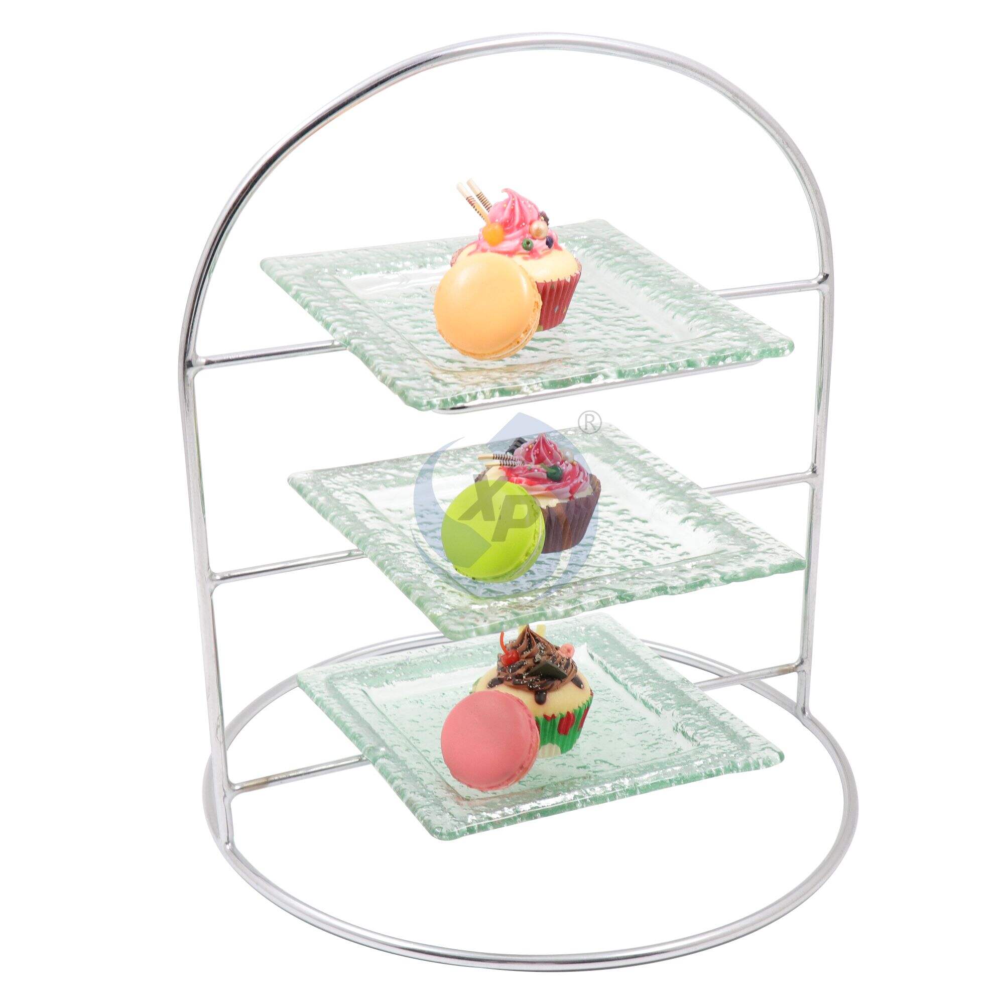 XINGPAI Other Hotel Creative Wrought Iron Rack Detachable Square Stainless Steel Three Tier Dessert Rack With Glass Plates