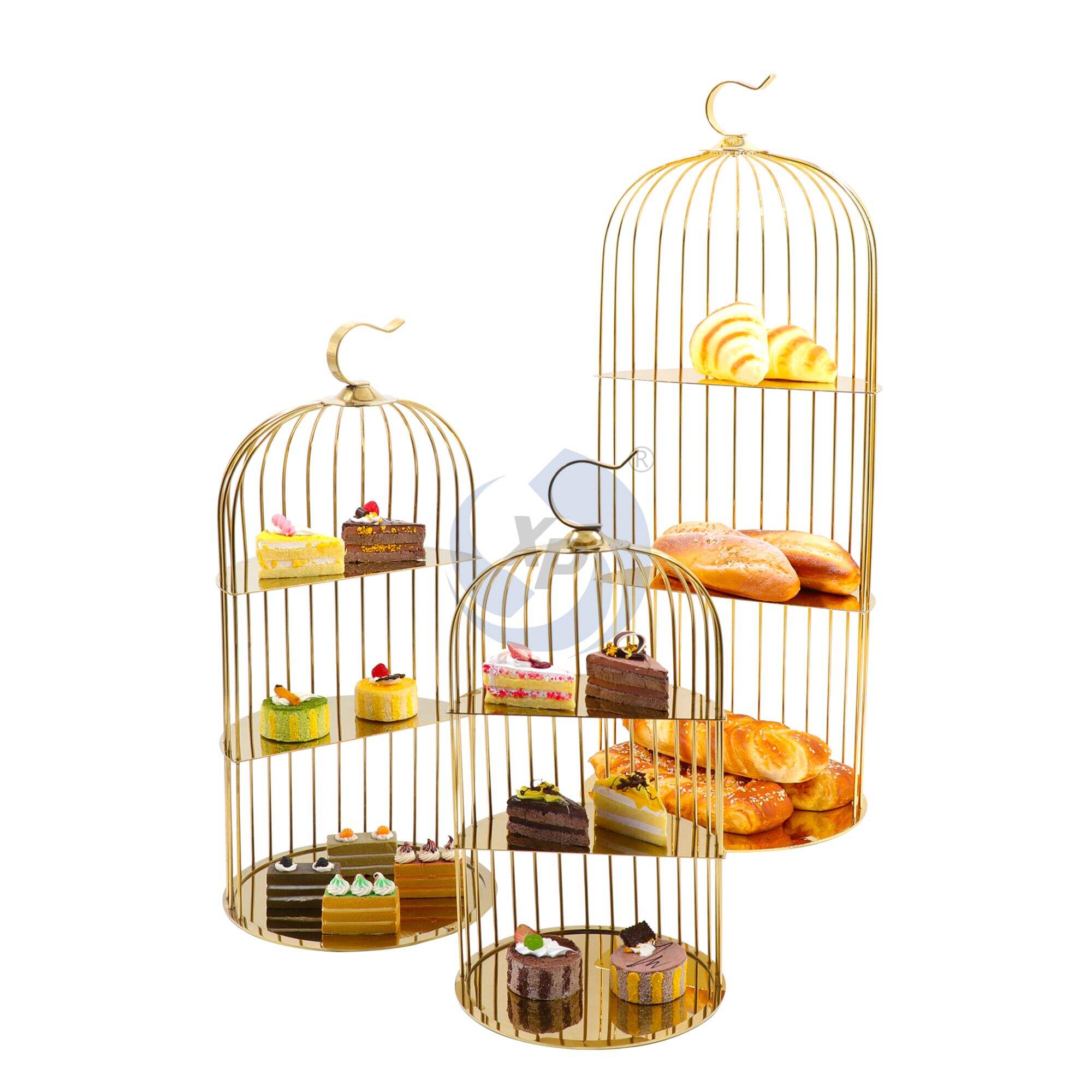 XINGPAI Restaurant Equipment Buffet 3 Tier Rose Gold Bird Cage Cake Stand Afternoon Tea Dessert Display Rack