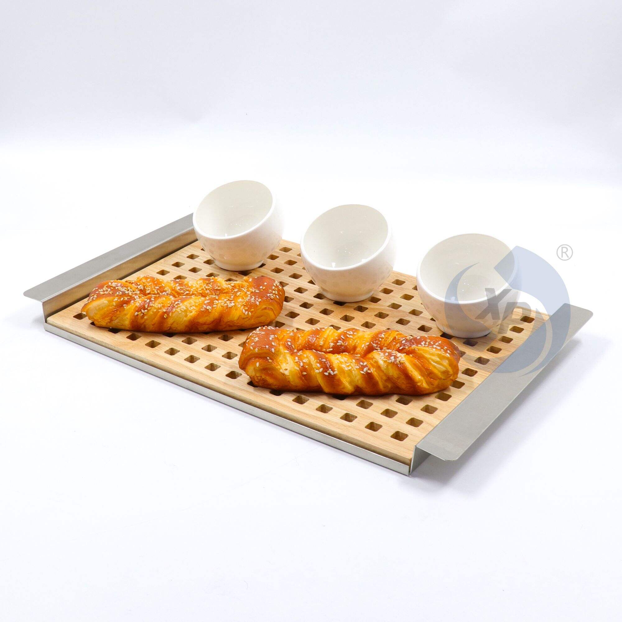 XINGPAI Hot Sale Indian Wood Serving Trays Rectangle Luxury Serving Tray With Stainless Steel Base