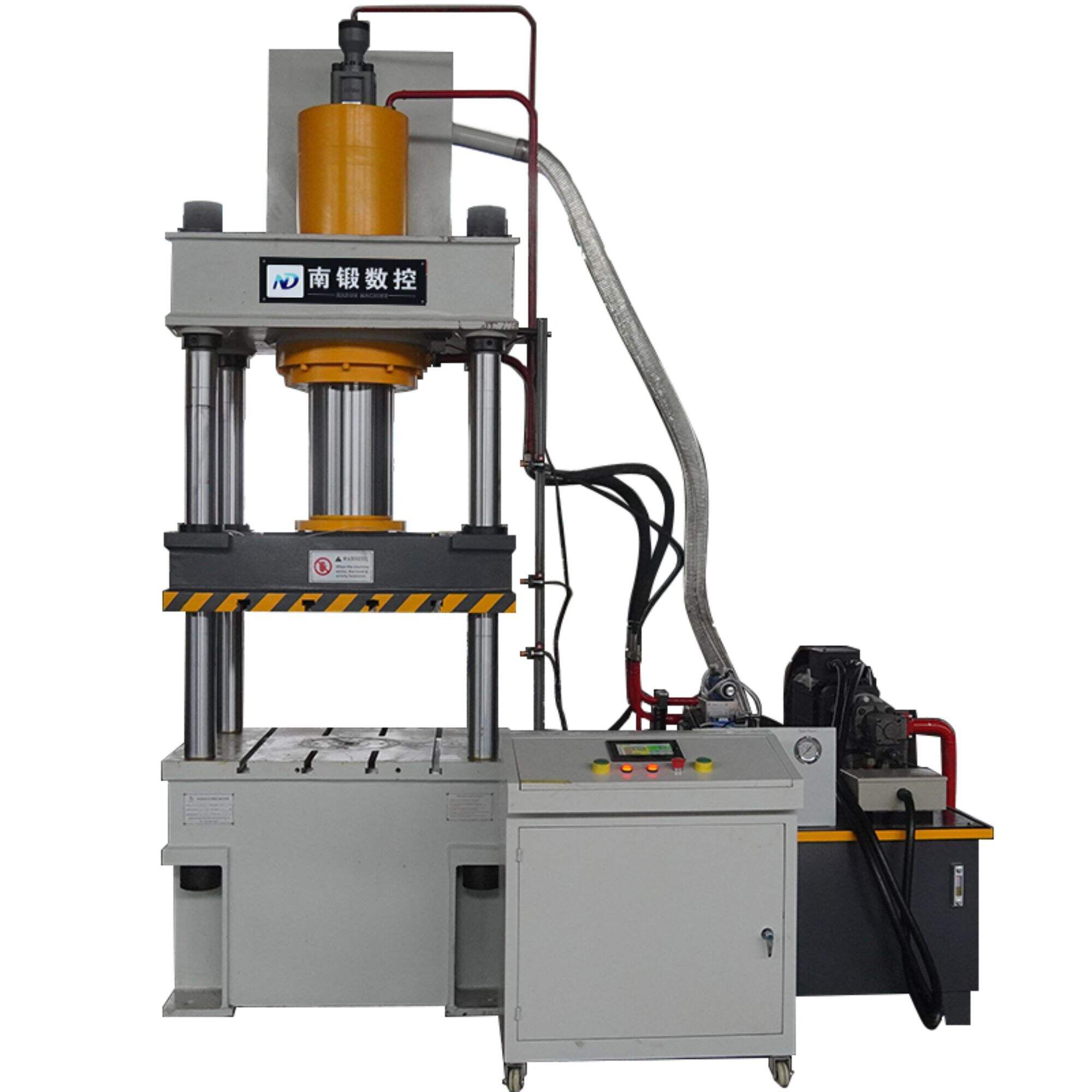 What are the benefits of using a 200-ton four-column hydraulic press with a pull-wire scale and servo motor?