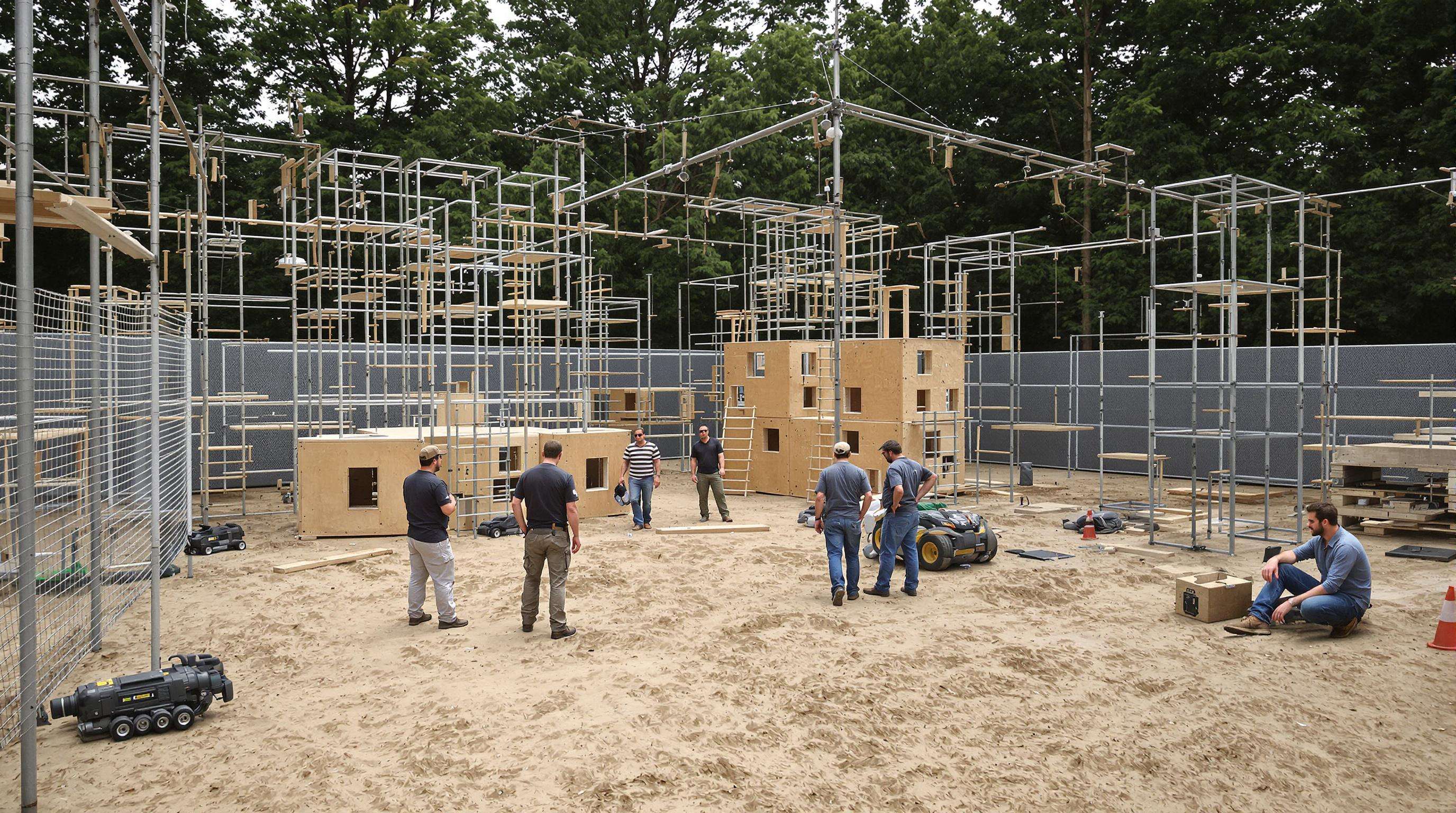 Corporate team planning and customizing an outdoor obstacle course with modular elements