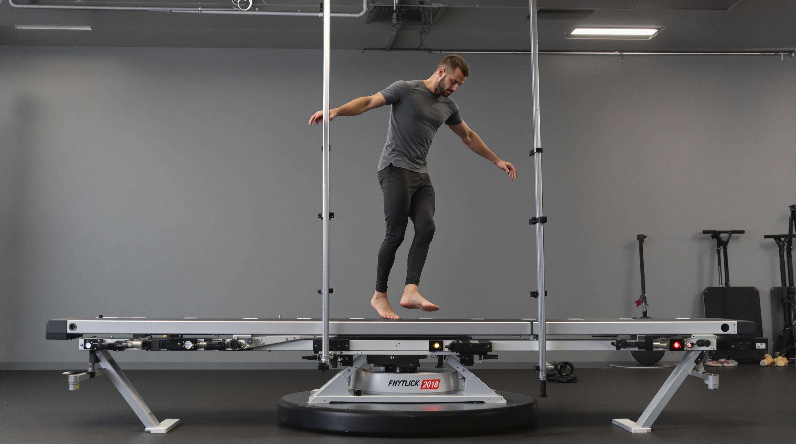 Athlete balancing on a modular, sensor-equipped beam with adjustable base in a training facility