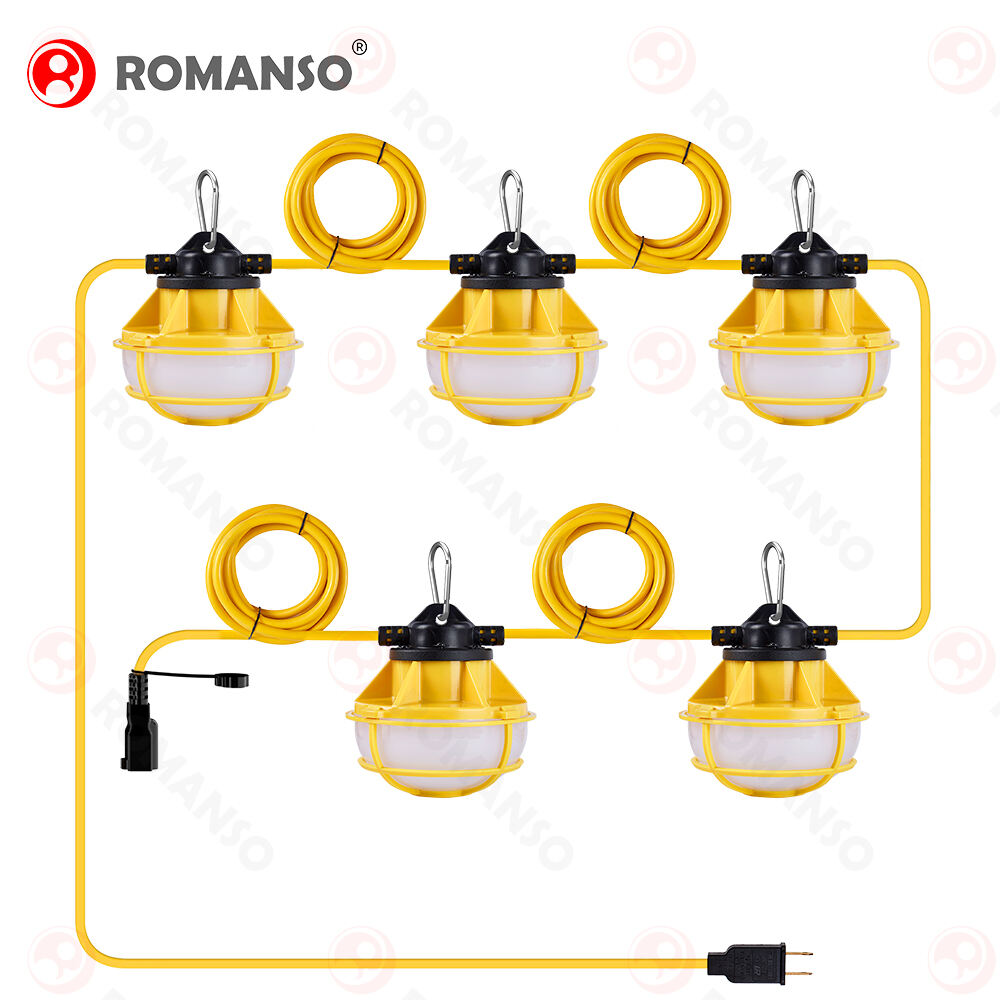 ROMANSO's Five-Year High Quality Warranty on LED String Work Lights: 50ft and 100ft Length Options with 40w and 80w Power - Ideal for Construction Temporary Lighting and Enhanced Visibility on Worksites.