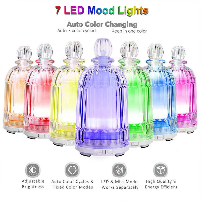 DOUDING Essential Oil Diffuser Humidifier, Aroma Glass Diffuser for Essential Oils with Adjustable Mist Mode, 7-Color LED Lights Changing and Waterless Auto Shut-Off
