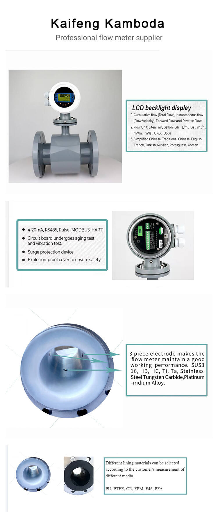 Electromagnetic flowmeter chemical plant ptfe liner 316l electrode flange flowmeter RS485 DN50 4-20mA sewage treatment flowmeter manufacture