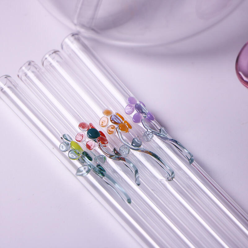 Custom Eco Friendly Reusable Colorful Flower Design Borosilicate Clear Straight Glass Drinking Straw details