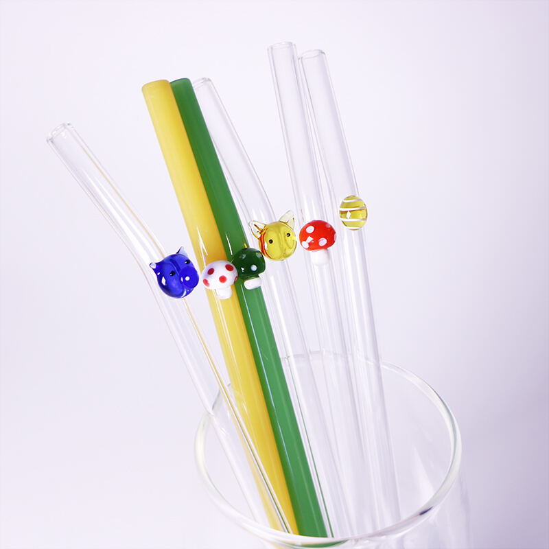 20cm 8mm Eco Friendly Reusable Borosilicate Clear Bent Glass Drinking Straw With Mushroom factory