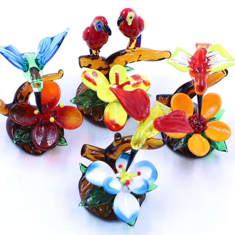 Flat Glass Hand Blown Bird Flower Plant Hummingbird Ornament For Decoration manufacture