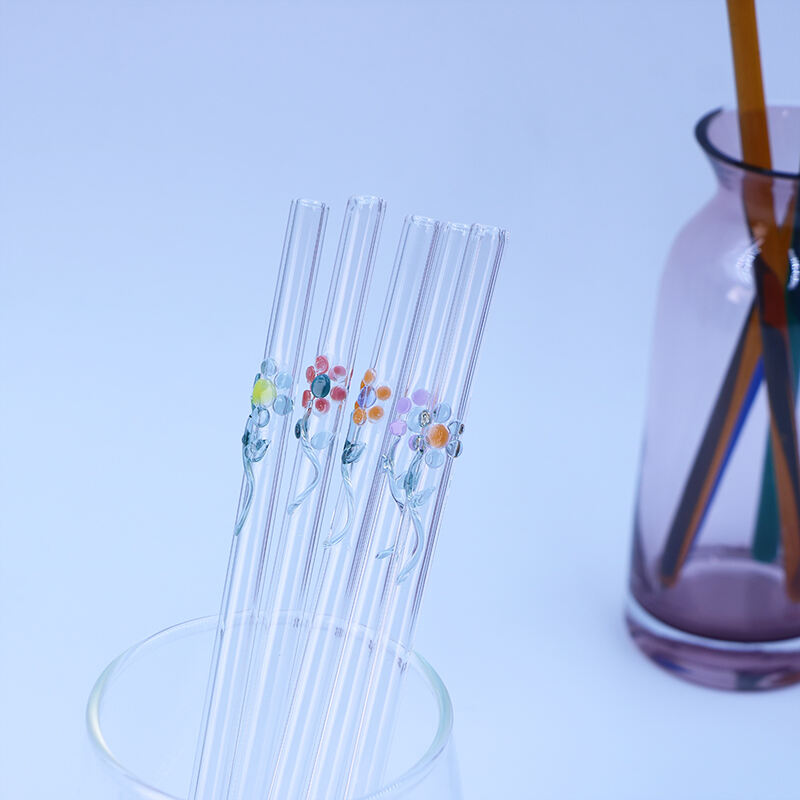 Custom Eco Friendly Reusable Colorful Flower Design Borosilicate Clear Straight Glass Drinking Straw factory