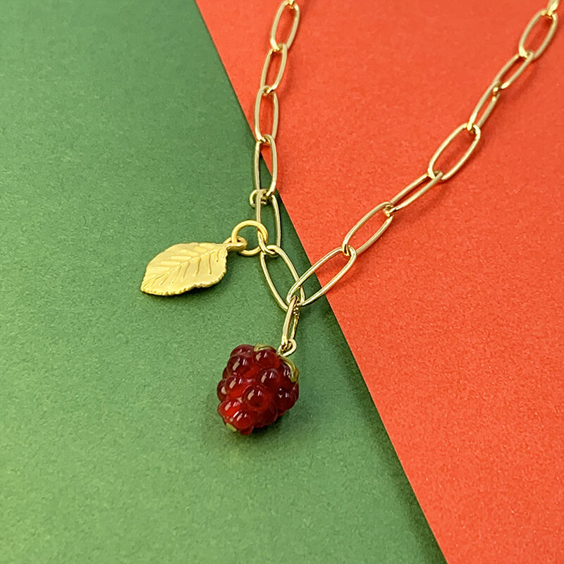 Fashion Women Glass 18k Gold Plated Stainless Steel Fruit Raspberry Glass Pendant Bracelet Necklace Jewelry manufacture