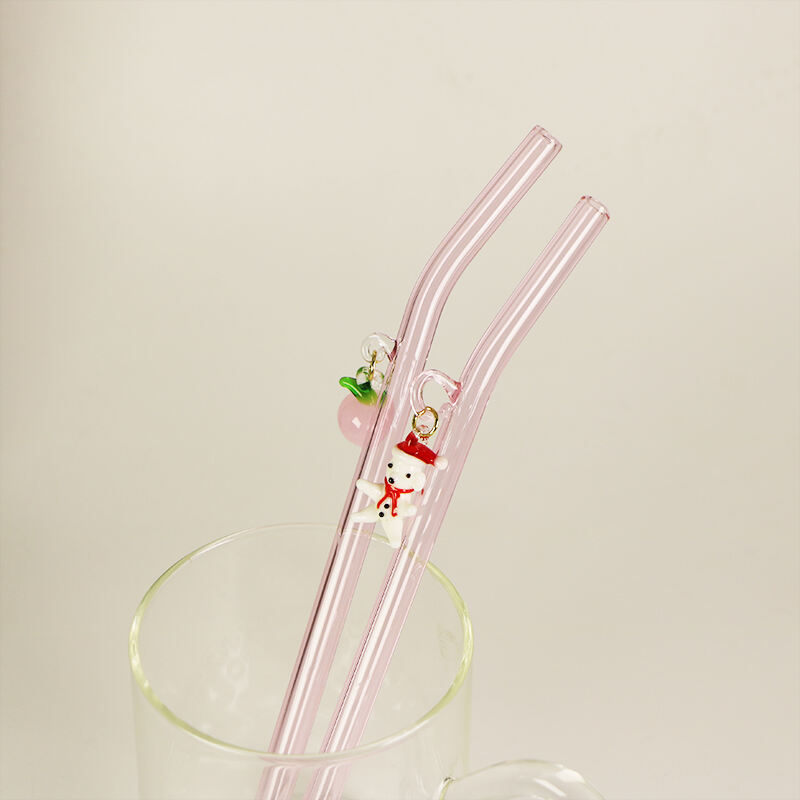 Eco Friendly Reusable Borosilicate Pink Glass Straw With Charm reusable glass straw details