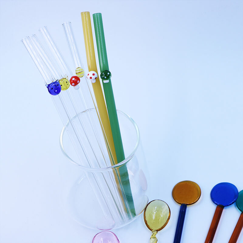 20cm 8mm Eco Friendly Reusable Borosilicate Clear Bent Glass Drinking Straw With Mushroom manufacture