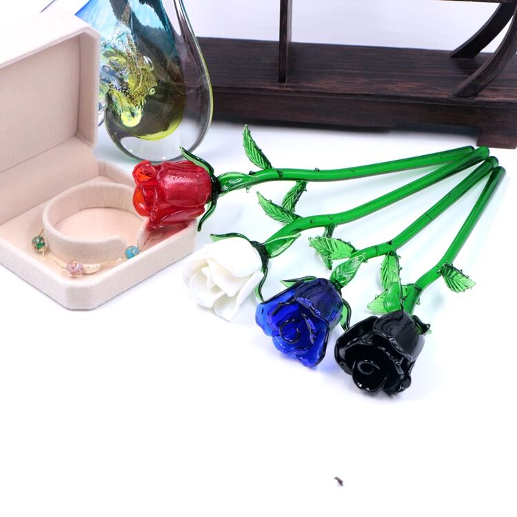 Customized Colored Murano Art Lampwork Long Stem Glass Craft Flower Rose Wholesale factory