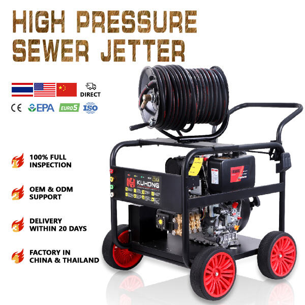 Clearing obstructed pipelines with a power washer sewer jetter.