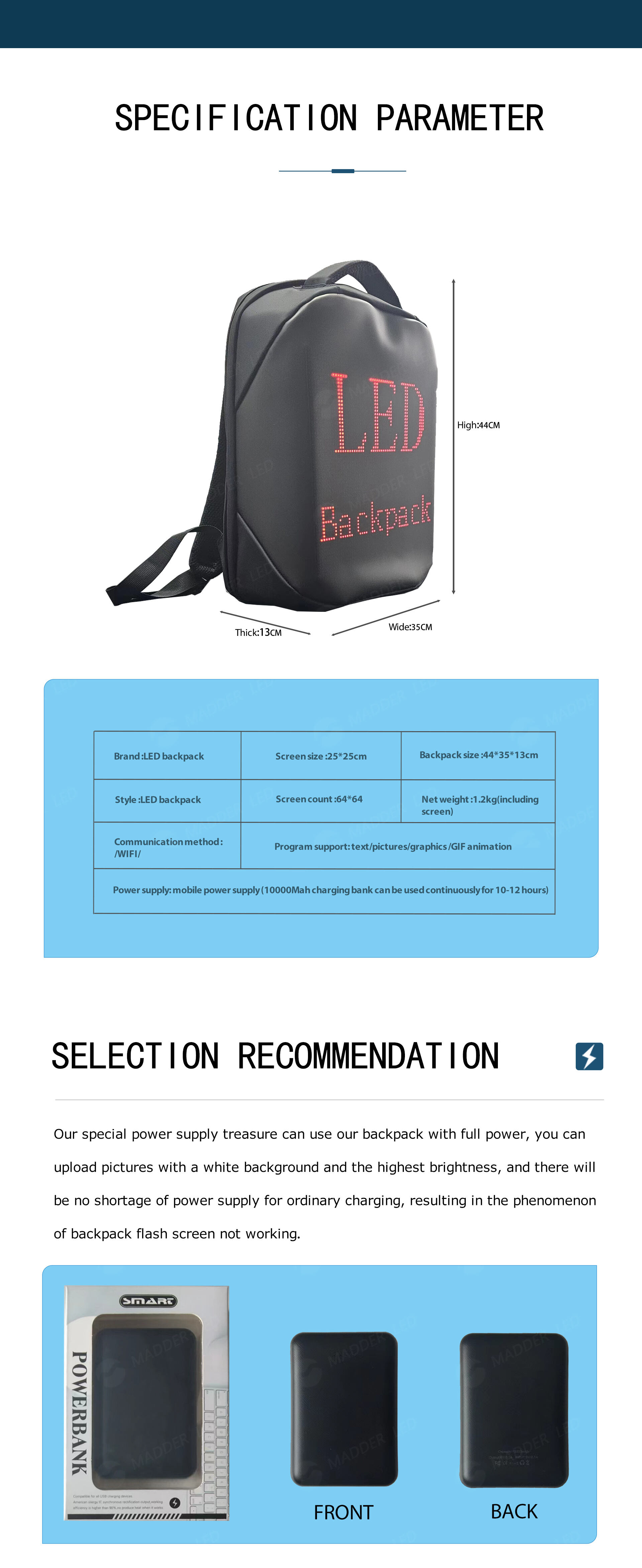 LED advertising backpack details