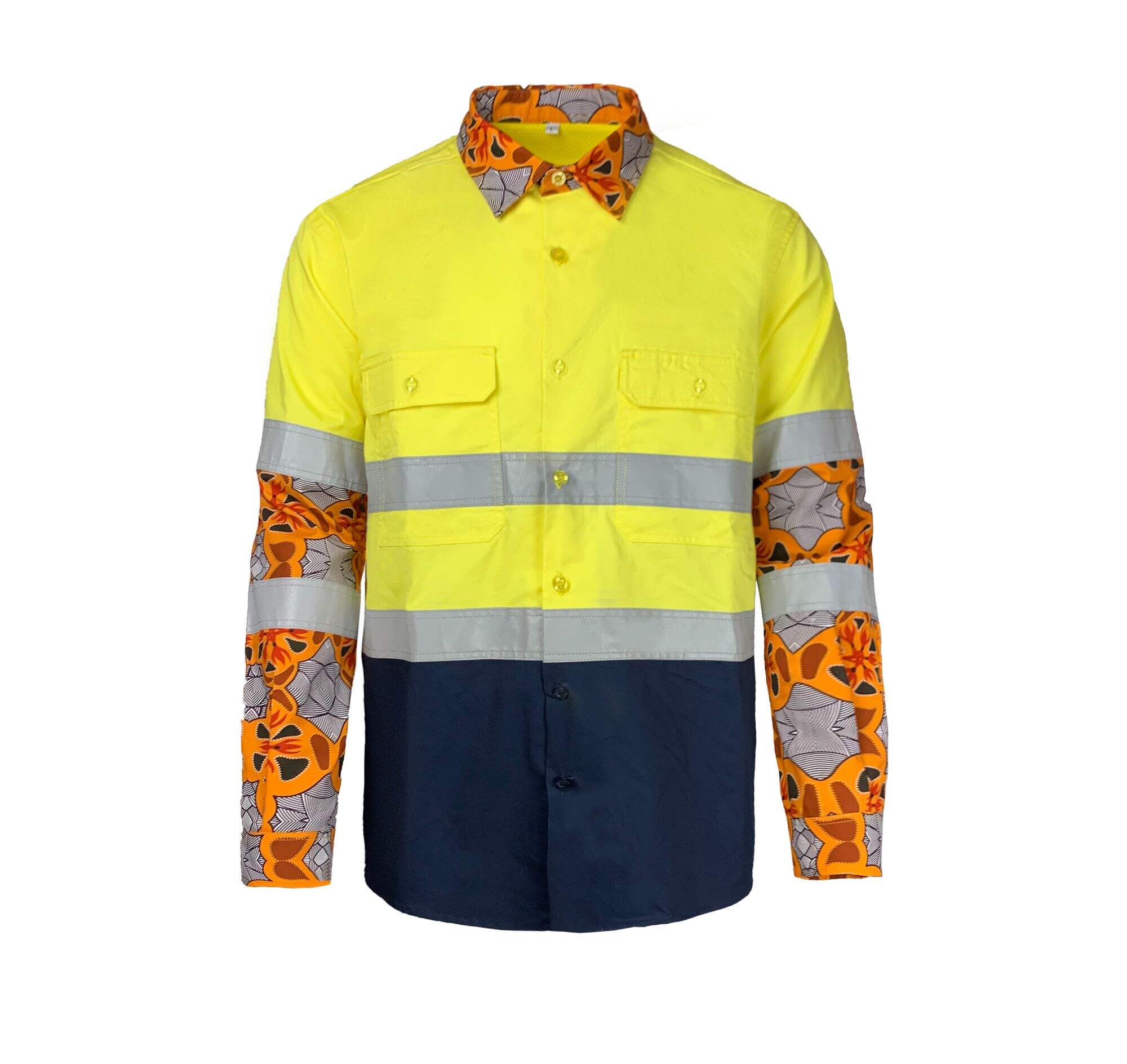 Custom Hi Vis Fashion Floral Sleeve Shirt Reflective Stand Collar Windproof Cothes With Pockets  On The Chest