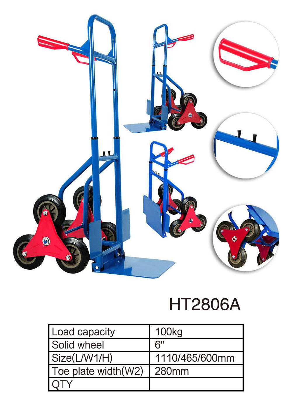 HT2806A شاحنة يدوية لتسلق السلم دوللي، 6 عجلات لتسلق السلالم، مع عجلة صلبة مقاس 6 بوصات