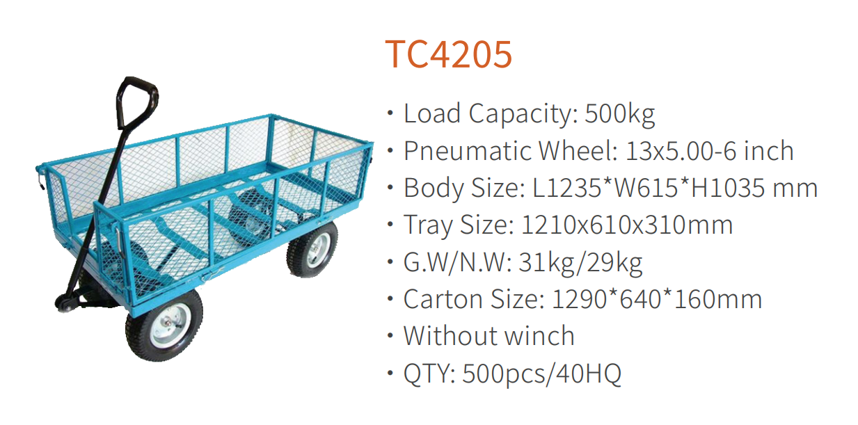 عربة ترولي للحديقة من الفولاذ الشبكي TC4205، عربة أدوات قابلة للطي، بجوانب قابلة للإزالة، عجلة هوائية مقاس 13 × 5.00-6 بوصة، سعة تصنيع 500 كجم
