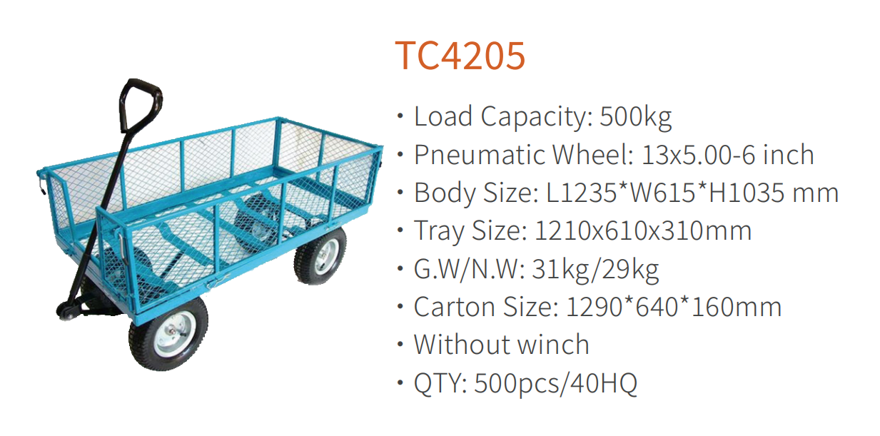 Xe đẩy làm vườn bằng thép lưới TC4205, Toa xe tiện ích gấp, có các mặt có thể tháo rời, Bánh xe khí nén 13 x 5.00-6 inch, Công suất sản xuất 500kg