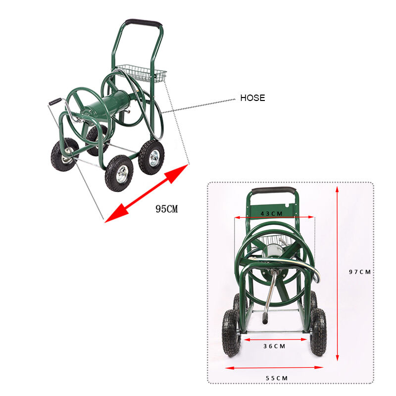 Carrinho de carretel de mangueira de metal TC1850A, carrinho de carretel de mangueira de jardim para água resistente, com cesta, fabricação de rodas pneumáticas de 10 