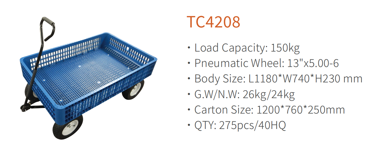 TC4208 عربة عربة الشاطئ البلاستيكية الشبكية للحديقة، مع عجلة هوائية مقاس 13 × 5.00-6 بوصة، بسعة تصنيع 150 كجم